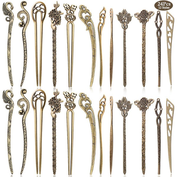 24 Pieces Chinese Women Hair Sticks, AUHOKY 12 Styles Vintage Bronze Decorative Hair Pin Chopsticks, Antique Retro Hair Forks for Hair DIY Accessory
