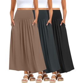 Ficerd 3 Pack Maxi Long Skirts for Women, Ankle Length High Waisted Pleated A Line flowy Summer Casual Skirts with Pockets(Black, Dark Gray, Brown,Large)