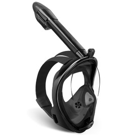 Full Face Snorkel Mask, Snorkeling Mask with Detachable Camera Mount, 180 Panoramic Anti-Fog Anti-Leak Diving Mask for Adult and Kids (Black, Small/Medium)