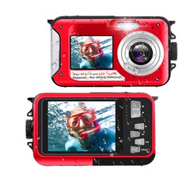 Yoidesu Cámara Digital a Prueba de Agua, Full HD 48MP Imagen 2.7K Video Cámara Submarina de 10 Pies, Selfie Pantalla Dual Pantallas LCD a Todo Color, Zoom Digital 16X, Grabadora de Video para(Rojo)