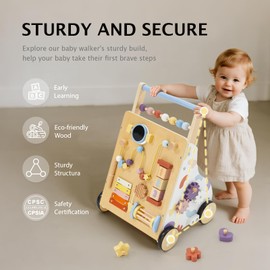 Frogprin Wooden Baby Walker, Baby Push Walker, Montessori Walker Toy for Babies 12M+ Learning to Walk & Sit-to-Stand, Adjustable Speed Walkers for Boys, Baby Activity Center with Sensory Toy for Girls