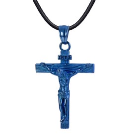 U7 Blue Plated Cross Pendant Crucifix Jewellery for Men Women Black Leather Wax Rope INRI Jesus Christian Necklace