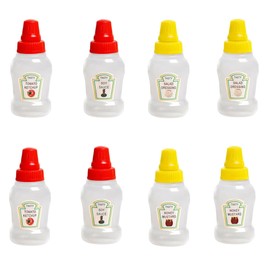 Jyinelx 8Pcs Mini Sauce Bottle, 25ml Mini Condiment Bottles, Portable Ketchup Squeeze Bottle for Honey Sauce Salad Kids Adults Lunch Box School Camping Picnic Office（4 labels）