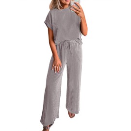 KIRUNDO Summer Sets Women 2 Piece Outfits Casual Ribbed Knit Short Sleeve Tops Wide Leg Pants Lounge Set Travel Tracksuit(Grey, Medium)