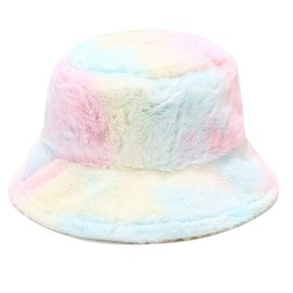 Umeepar Winter Faux Fur Fuzzy Bucket Hat Fluffy Warm Hat for Women Men (Tie Dyed Rainbow)