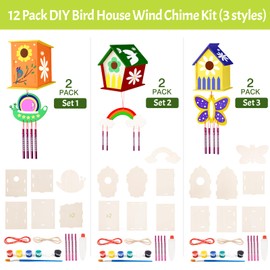 Crafts for Kids Ages 4-8 - 12 Pack DIY Bird House Wind Chime Kit Party Favors - Build and Paint Birdhouses Wooden Arts Kits - Easter Basket Stuffers Gifts for Girls Boys Toddlers Ages 3-5 4-6 6-8 8-12