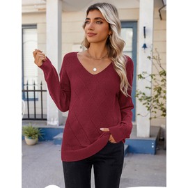 Zeagoo Women Red Sweaters Crochet Long Sleeve Lightweight V Neck Knit Pullover Tops Fall Outfits Fashion 2025