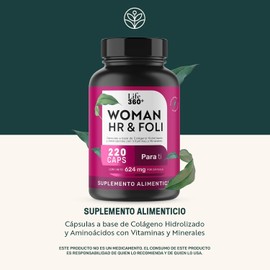 Life 360+ WOMAN HR & FOLI™ | 220 Cápsulas | Suplemento para Mujeres con Colágeno Hidrolizado Tipo I y III, Ácido Hialurónico, Vitaminas y Minerales | Piel, Cabello y Uñas Radiantes | Anti-Edad | Adultas | Sin Sabor