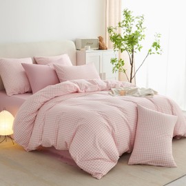 Michorinee Double Duvet Cover Set Pink White Plaid Pattern Country Style Bedding Set with Zipper Closure Aesthetic Cute Soft 110g/㎡ Washed Microfibre Girls Quilt Cover with 2 Pillowcases 50x75 cm