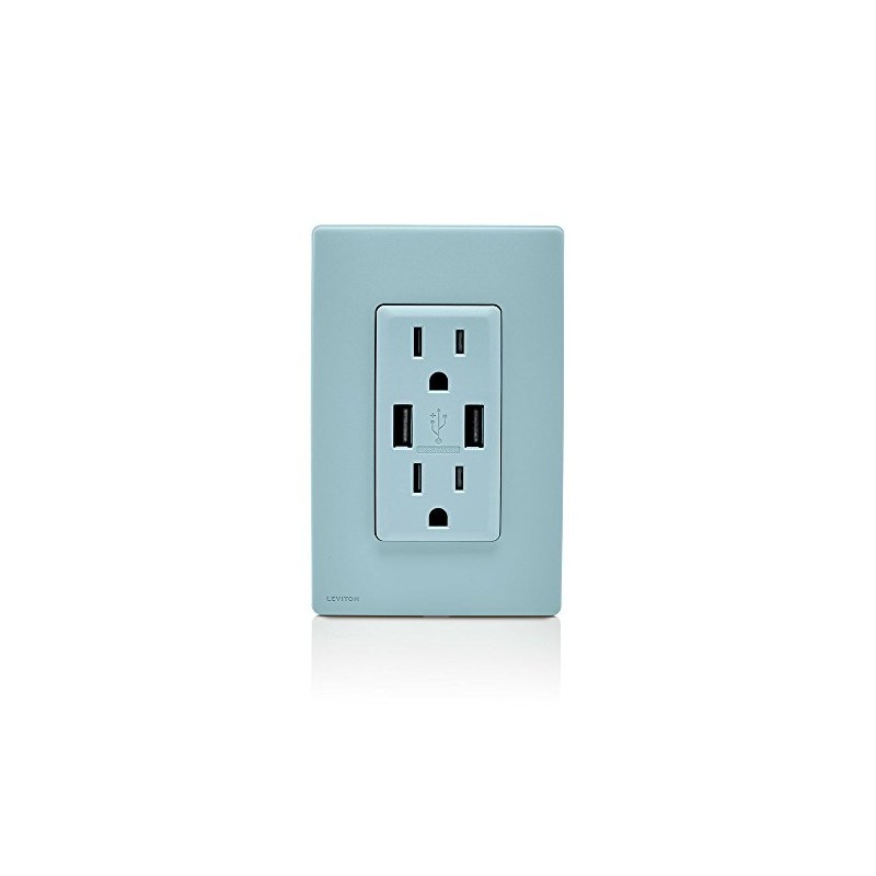 Leviton Renu USB Charger/Tamper-Resistant Duplex Outlet, 15A-125VAC, RUAA1-SE, Sea Spray