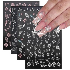 6Sheets Hibiscus Flower Nail Stickers Colorful Hibiscus Flowers Nail Art Stickers White Flower 3D Self Adhesive Set White Pink Nail Decals for Women Nail Supplies Spring Nail Decorations Accessories