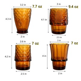 Frcctre Set of 4 Koi Fish Design Drinking Glasses, Stackable Amber Tumbler Glasses Beverage Cups Juice Tumblers Drinking Water Cups Nautical Glassware for Home, Party, Bar