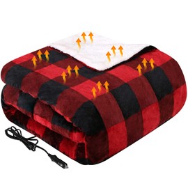 Westinghouse Heated Car Blanket, 12-Volt Electric Blanket for Car, Truck, SUV, RV, Portable Heated Throw for Camping, Red Buffalo Plaid, 59" x 43”