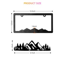 GNSZSN Mountain License Plate Frames - 2 Pack Black Plastic Car Tag Frame with 3D Mountain Design, Included Mountain Vinyl Sticker, Screws & Caps