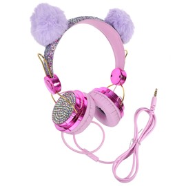 SHOWERORO Plush Ear Wired Headphones Comfortable Over Ear Headset for Boys Safe Durable Design for and Travel Adorable Cartoon Style