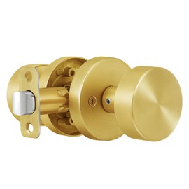 naubea Passage Door Knobs Interior, Brushed Gold Door Knob for Closet, Satin Brass Door Knob for Hallway, Heavy Duty Modern Round Door Handle
