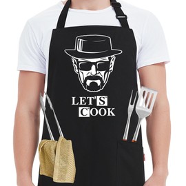 Kaidouma Funny Cooking Aprons for Men - Let’s Cook - Men's Black Funny Kitchen Chef Grilling BBQ Aprons with 2 Pockets - Birthday Father’s Day Christmas Gifts for Dad, Husband, Boyfriend, Movie Fans