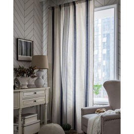 vctops Cotton Linen Striped Window Curtain Farmhouse Country Style Room Darkening Rod Pocket Curtain Panel for Bedroom Living Room, 1 Piece (Navy,59"x94")