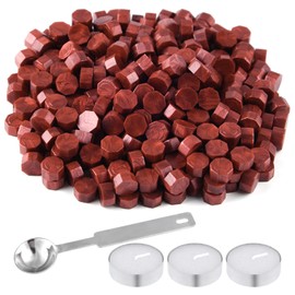 FEPITO 300 Pcs Octagon Sealing Wax Beads Sticks with 3 Pcs Tea Candles and 1 Piece Wax Melting Spoon for Wax Stamp Sealing (Wine Red)