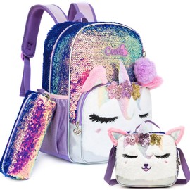 Meetbelify Cute Unicorn Sequin Backpacks for Girls School Backpacks with Lunch Box for Elementary Students Girls Backpacks Ages 8-10 Kids Travel 3 in 1 Bookbag Set for Girls