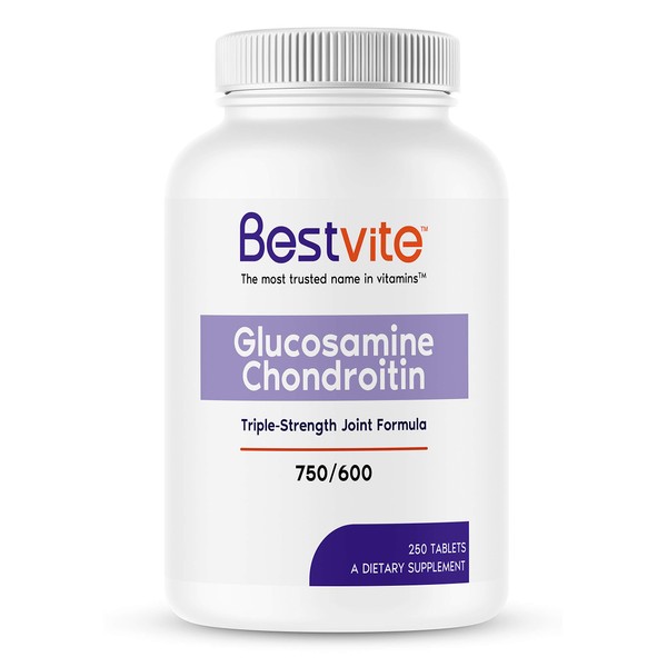 BESTVITE Glucosamine & Chondroitin Sulfate 750/600 Triple Strength (250 Tablets) - Joint Support - No Stearates - Gluten Free