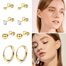 YADOCA 9 Pairs Earrings Set, 316L Surgical Steel Earrings, Hypoallergenic, 14K Gold Plated, Cubic Zirconia, Round Stud Earrings, Cartilage Huggie Hoop Earrings, Stainless Steel