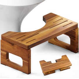 BLUEWEST Foldable Poop Stool, Acacia Wood Toilet Stool for Potty Training, 7 Inch Collapsible Bathroom Aid, Folding Non-Slip Squat Platform for Adults (Walnut, 16.9''L x 8.7''W x 7.1''H)