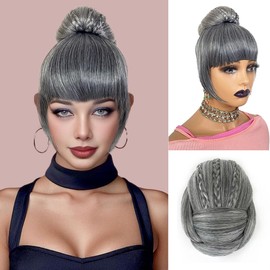 VAVANGA Quick Bun and Bangs 2 Piece Set - Grey Braided Bun N Bang for Black Women Synthetic Hair Puff Ponytail Updo Hair Piece