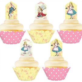 Alice In Wonderland Cupcake Toppers and Wrappers - 24 Cupcake Toppers and 24 Cupcake Wrappers - Alice in Wonderland Party Supplies - Mad Hatter Party Supplies - Tea Party Supplies - Vintage Cupcake