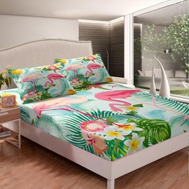 Feelyou Tropical Flamingo Bedding Set Twin Size, Pink Flamingo Fitted Sheet Palm Tree Print Bedding Set Botanical Bed Cover with 1 Pillow Case (No Flat Sheet)