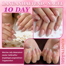 Pack of 24 Press On Nails Short Oval - Nude Glitter Fingernails for Gluing, Natural Fake Nails, Full Cover Fingernail with Nail Glue - Shiny DIY Artificial Nails for Gluing for Women