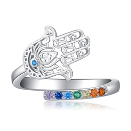 KoyeKei Hamsa Chakra Rings 925 Sterling Silver Hamsa Hand Chakra Adjustable Open Ring Hand of Fatima Jewelry Christmas Gifts for Women