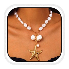 Reaky Pearl Necklace Gold Starfish Necklaces Seashell Necklace Beach Accessories for Women and Girls