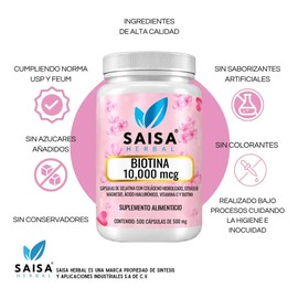 Biotina 10,000 mcg  Colágeno  Ácido Hialurónico  Magnesio  500 Cápsulas  Cabello, Piel y Uñas  Saisa Herbal Premium