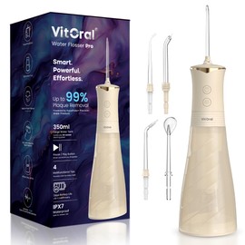 Vitoral Professional Cordless Water Flosser for Teeth & Gum Health | Premium IPX7 Waterproof Oral Irrigator & Plaque Remover | Deep-Clean Dental Jet with 4 Smart Modes, 350ml Home & Travel (Beige)