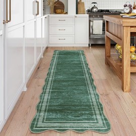 GarveeHome Washable Runner Rug 2x6 Kitchen Hallway Scalloped Rugs, Non Skid Stain-Resistant Solid Bordered Rug Soft Scalloped Entryway Carpet Runner for Bathroom Laundry Room Bedside(Green,2x6ft)