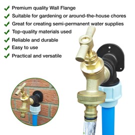 25mm MDPE Wall Flange Kit – Wall Plate Elbow ¾ Brass Garden Tap with Click-Lock Hose Fitting and PTFE Tape – Easy to Install Hose Connector for Backyard, Around the House, Farmhouse. Set by MYPURECORE