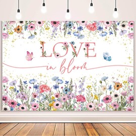 MEHOFOND 7x5ft Love in Bloom Bridal Shower Backdrop Pink and Blue Wildflower Bridal Shower Decorations Banner Love in Bloom Engagement Wedding Bachelorette Party Photography Backdrop Photo Booth Props