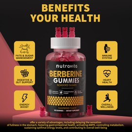 Nutravita Nutravita Berberine Gummies with Ceylon Cinnamon 1500mg High Potency Berberine HCL Supplement for Immune and Metabolism Support, Sugar Free Organic Berberine Gummies Raspberry Flavor-2PACK