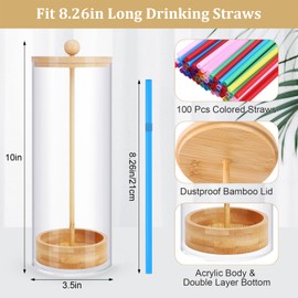 JYPS Acrylic Straw Holder Dispenser for Counter with 100 Colorful Straws - Drinking Straw Dispenser with Bamboo Lid for Standard Straws, Straw Organizer for Kitchen