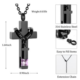 Miity Haiy Birthstones Urn Necklaces for Ashes Crystal Cross Cremation Pendant Urns for Human Ashes Memorial Keepsake Locket Jewelry for Men Women (Light Purple)