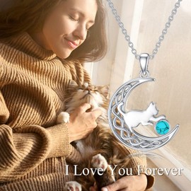 LONAGO Cat Necklace 925 Sterling Silver Birthstone with Cat in Moon Pendant Necklace Jewellery for Women, Sterling Silver, Created,Turquoise