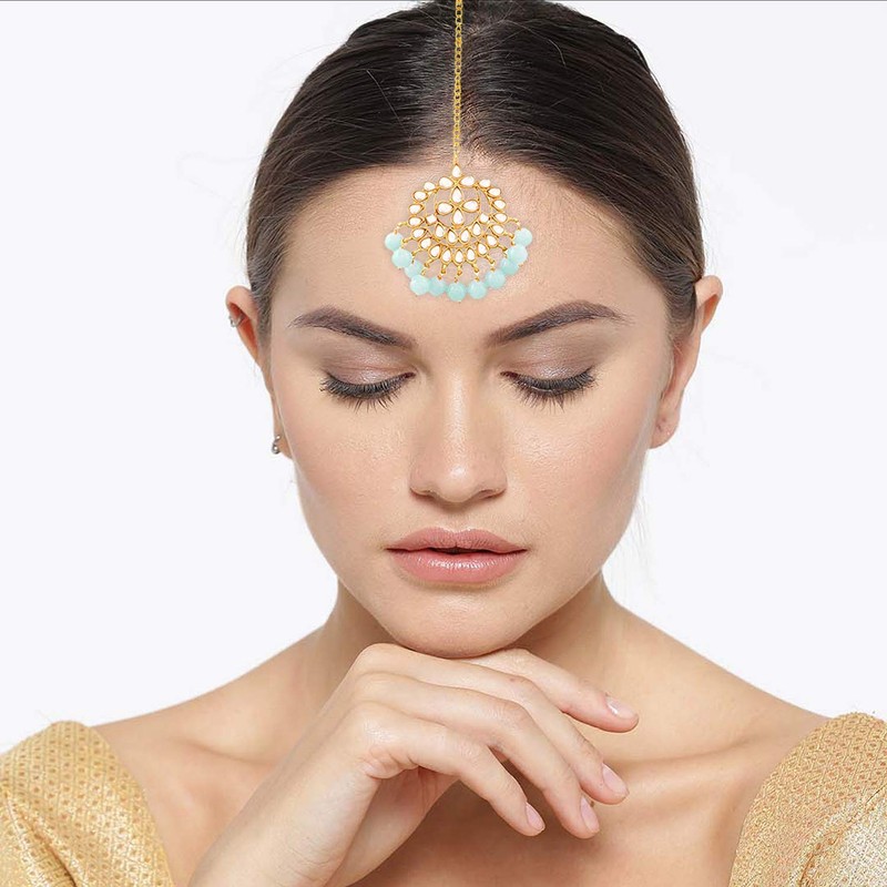Aheli Faux Kundan Pearl Sky Blue Maang Tikka nupcial indio
