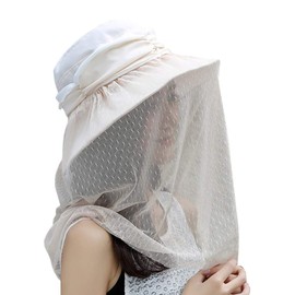 Women Bucket Hat Wide Brim Sun Hat with Mosquito Head Net Veil Beach Sunhat Elegant Ladies Hat for Wedding Evening Party Outdoor Sun Protection Hat Cap for Cycling Gardening Beekeeping Camping Beige