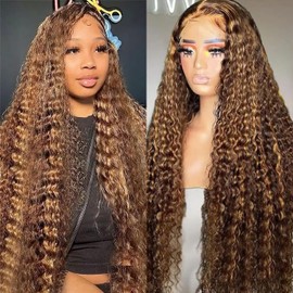 Hoiloxa Highlight Ombre Deep Wave Lace Closure Wigs 5x5 Hd Lace Closure Wigs Human Hair Highlight Curly Human Hair Wig Pre Plucked P4/27 Honey Blonde Curly Wigs for Black Women180% Density 30 Inch