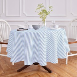 Solino Home Stripe Linen Round Tablecloth 70 Inch Diameter – 100% Pure Linen Sky Blue and White Tablecloth – Farmhouse Round Tablecloth for Indoor, Outdoor Decor – Amalfi Stripe