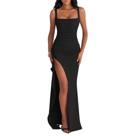 LAGSHIAN Women's Elegant Square Neck Sleeveless Bodycon High Split Ruched Long Formal Evening Dress Black