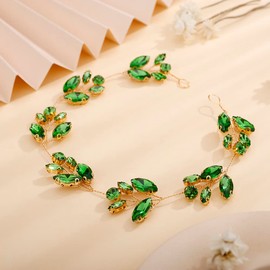 Teyglen Crystal Bride Wedding Headband Hair Vine Bridal Green Rhinestone Headband Handmade Hair Pieces Wedding Hair Accessories for Brides Vintage Headpieces for Women Girl (Green)