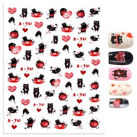 Valentine's Day Black Cats Nail Stickers, 2 Sheets Cute Self-Adhesive Nail Art Decals for DIY Nail Decorations, Black Design for kiss Love Hug