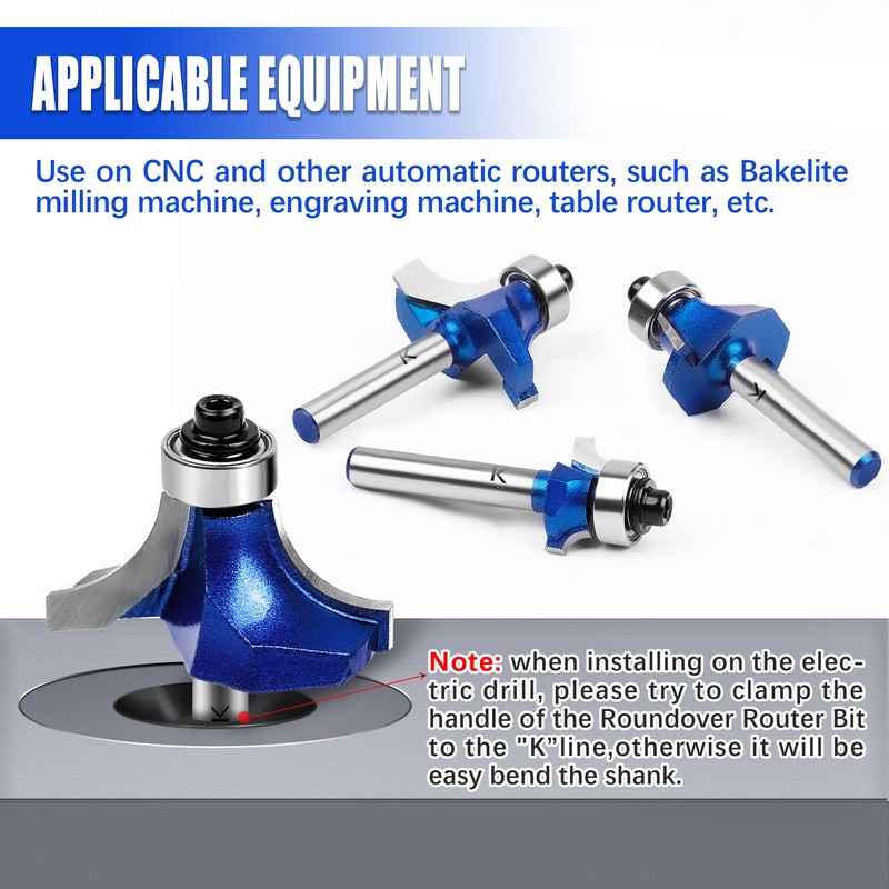 6Pcs Roundover Router Bit 1/4 Shank,Radius 1/8" 3/16" 1/4" 5/16"